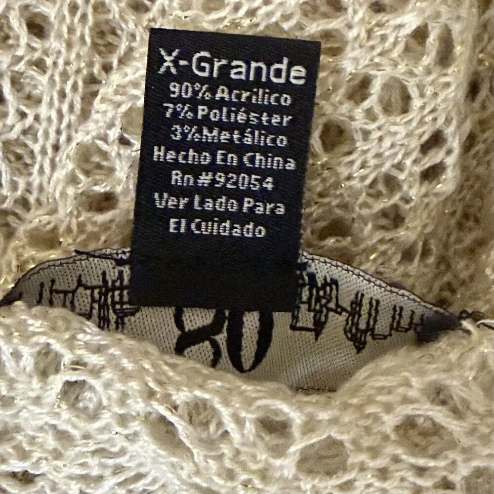 80 Park Cardigan Sweater Open Knit Open Front Beige Metallic Gold XL